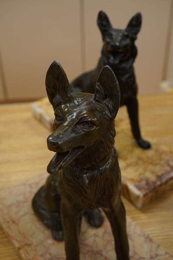 Two Art Deco style bronzed spelter Alsatians, largest 35cm wide
